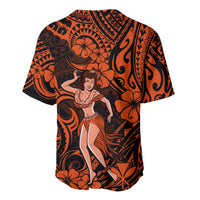 Orange and black baseball jersey with Polynesian floral pattern and hula dancer graphic (back)