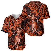 Orange and black hula baseball jerseys shown from front and side, Polynesian floral print