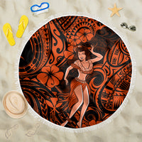 Round beach blanket with orange and black Polynesian hula girl print, white fringe edge