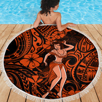 Round beach blanket with orange and black hula girl print, tassel fringe border