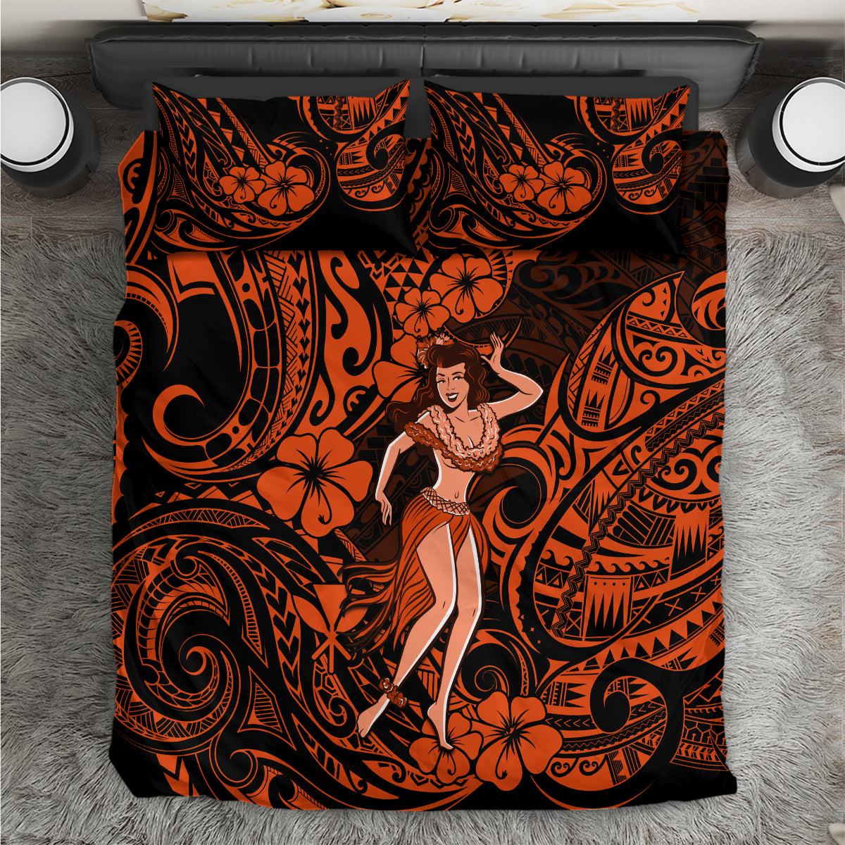 Orange and black Polynesian hula girl bedding set with decorative scroll and floral pattern