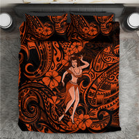 Orange and black Polynesian hula girl bedding set with decorative scroll and floral pattern