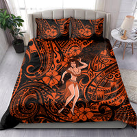 Orange and black hula girl bedding set with matching pillowcases, swirl and flower pattern