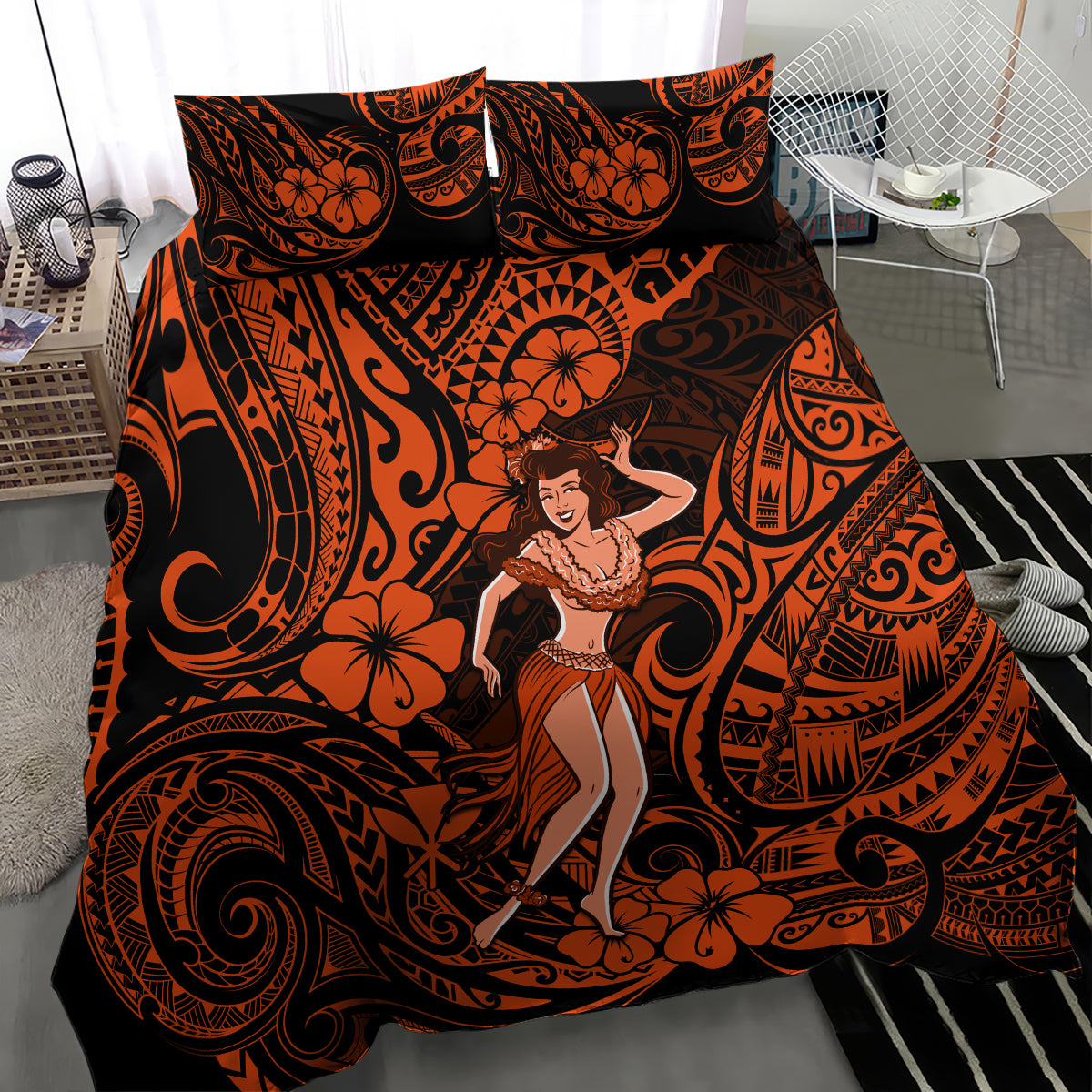 Orange and black hula girl bedding set with bold tiki-style swirls and floral motifs