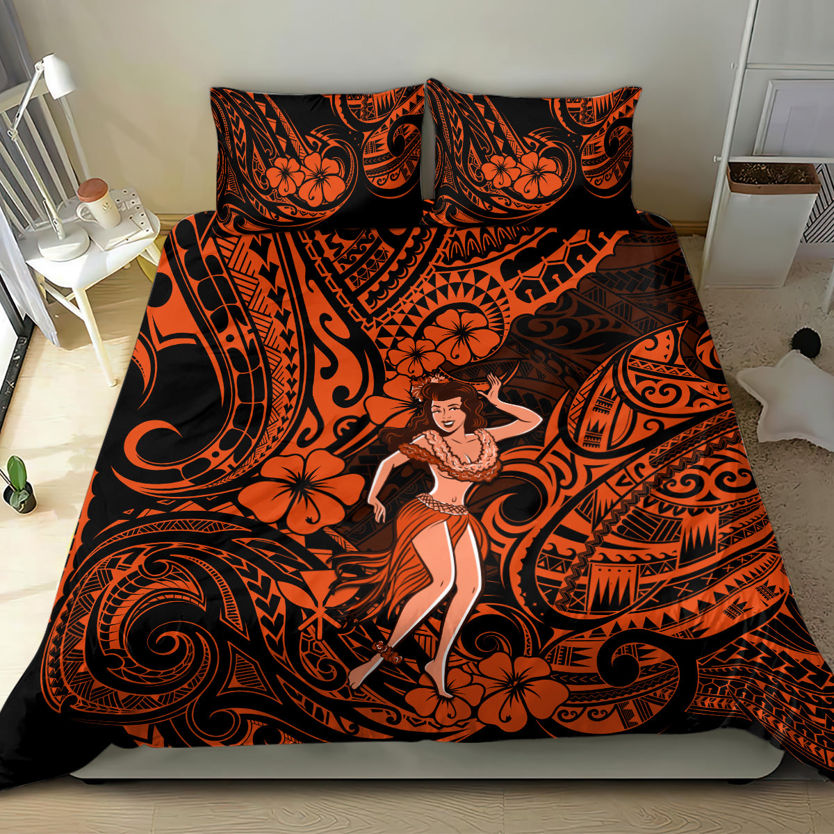 Orange and black Polynesian hula girl bedding set featuring matching pillows and floral swirl print