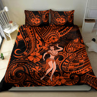 Orange and black Polynesian hula girl bedding set featuring matching pillows and floral swirl print