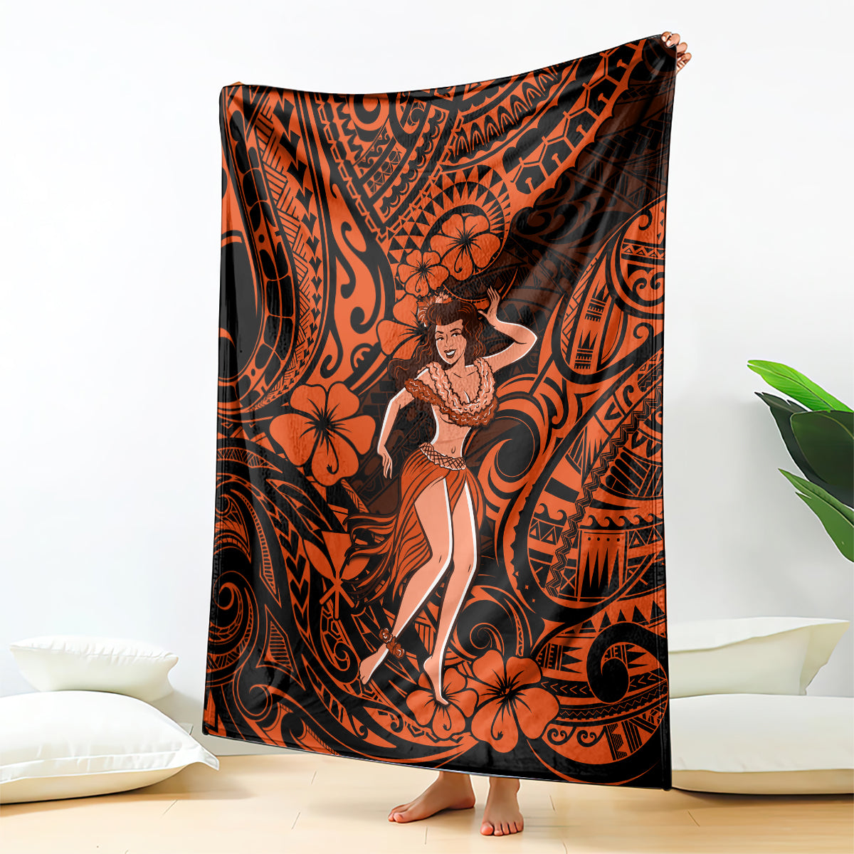 Orange and black Polynesian hula girl blanket with hibiscus flowers and swirl patterns