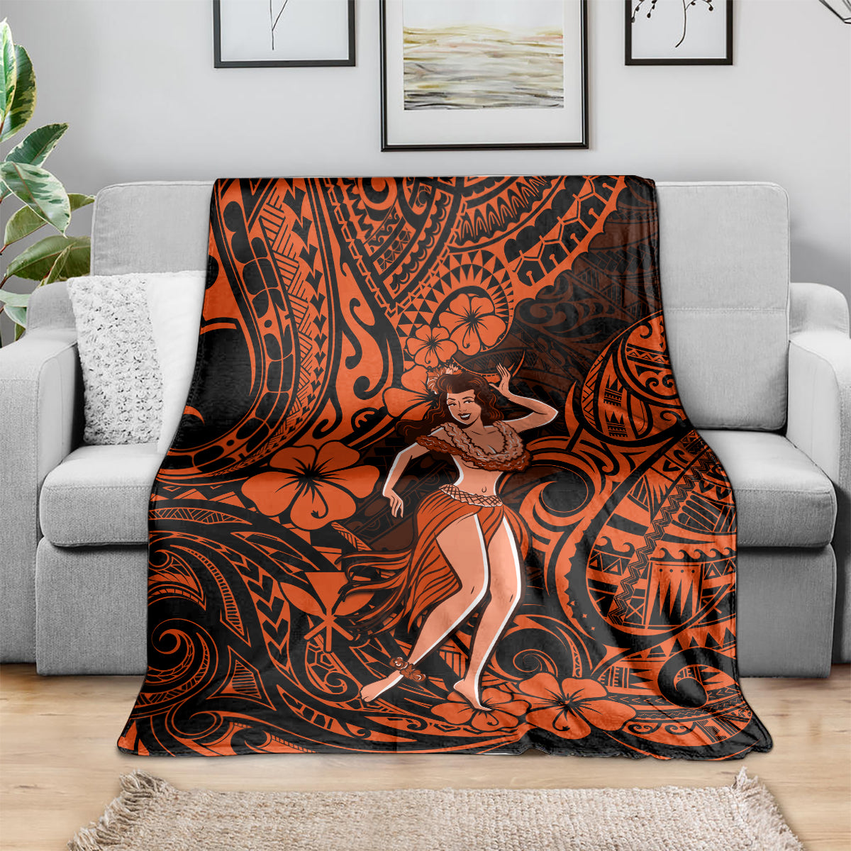Orange and black hula girl throw blanket with hibiscus flowers and tribal swirl pattern