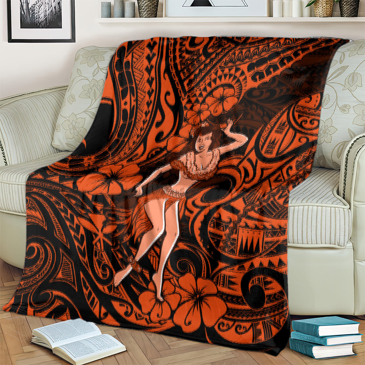 Orange Polynesian hula girl blanket with hibiscus flowers, swirls, and geometric motifs