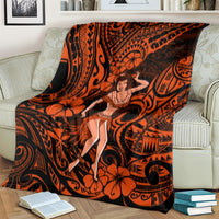Orange Polynesian hula girl blanket with hibiscus flowers, swirls, and geometric motifs