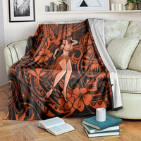 Orange and black hula girl blanket with hibiscus, swirls, and tribal pattern in central panel