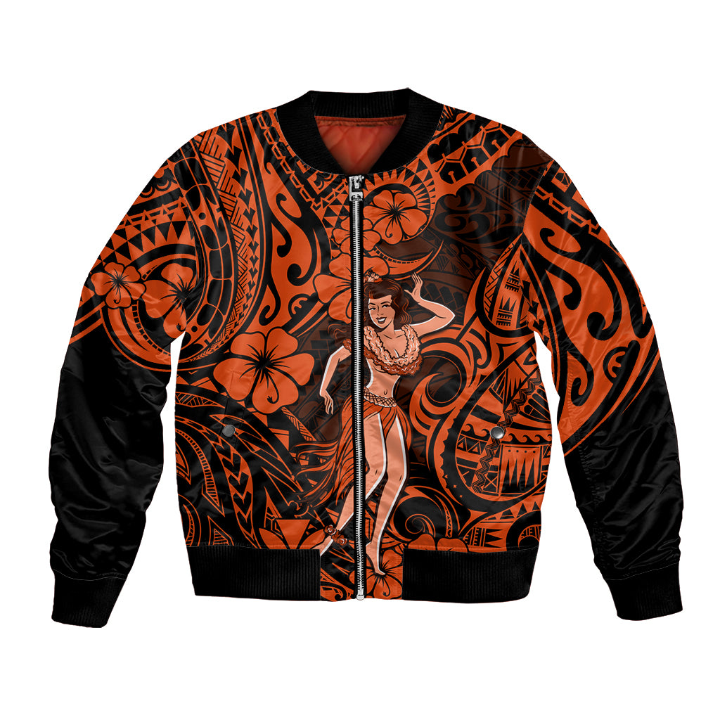 Orange bomber jacket with Polynesian hula girl graphic, zip front, black sleeves and trim