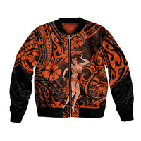 Orange bomber jacket with Polynesian hula girl graphic, zip front, black sleeves and trim