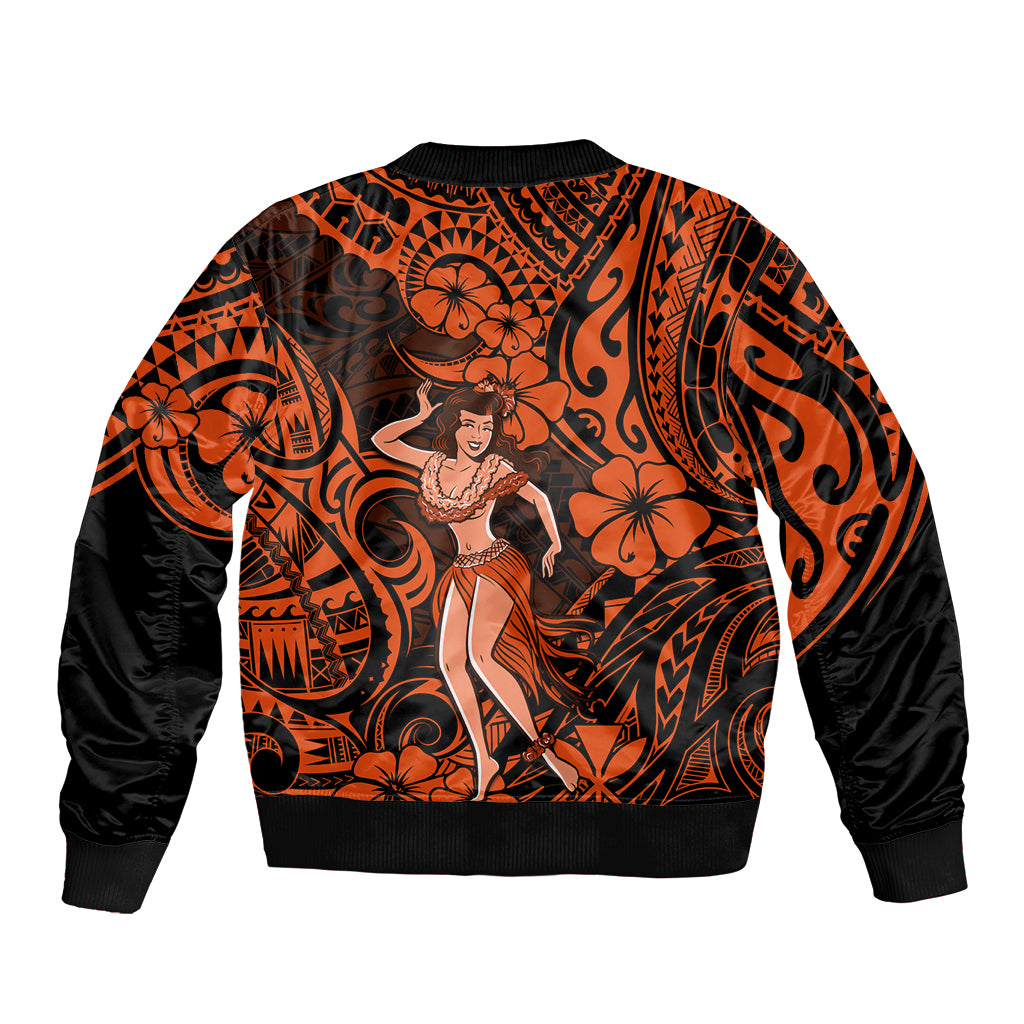 Orange bomber jacket with Polynesian swirl and floral print, hula girl center, black cuffs