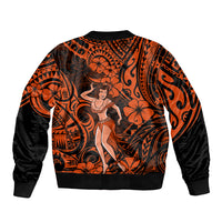 Orange bomber jacket with Polynesian swirl and floral print, hula girl center, black cuffs