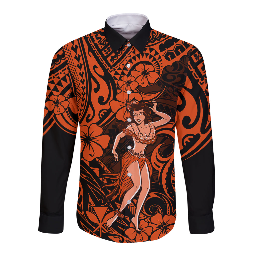 Orange black long-sleeve button shirt with hula girl front graphic, pointed collar