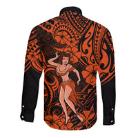 Orange black long-sleeve button shirt with hula girl back graphic, pointed collar