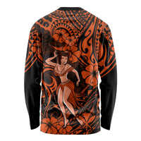 Orange long sleeve hula girl shirt, back view, swirling tribal motifs and black trim