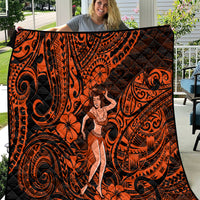 Orange and black Polynesian hula girl quilt with swirling tribal patterns