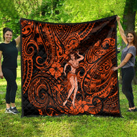 Orange and black Polynesian hula girl quilt displayed with bold swirl designs