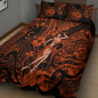 Orange and black quilt bed set with hula girl artwork, tribal swirls, and matching pillow shams