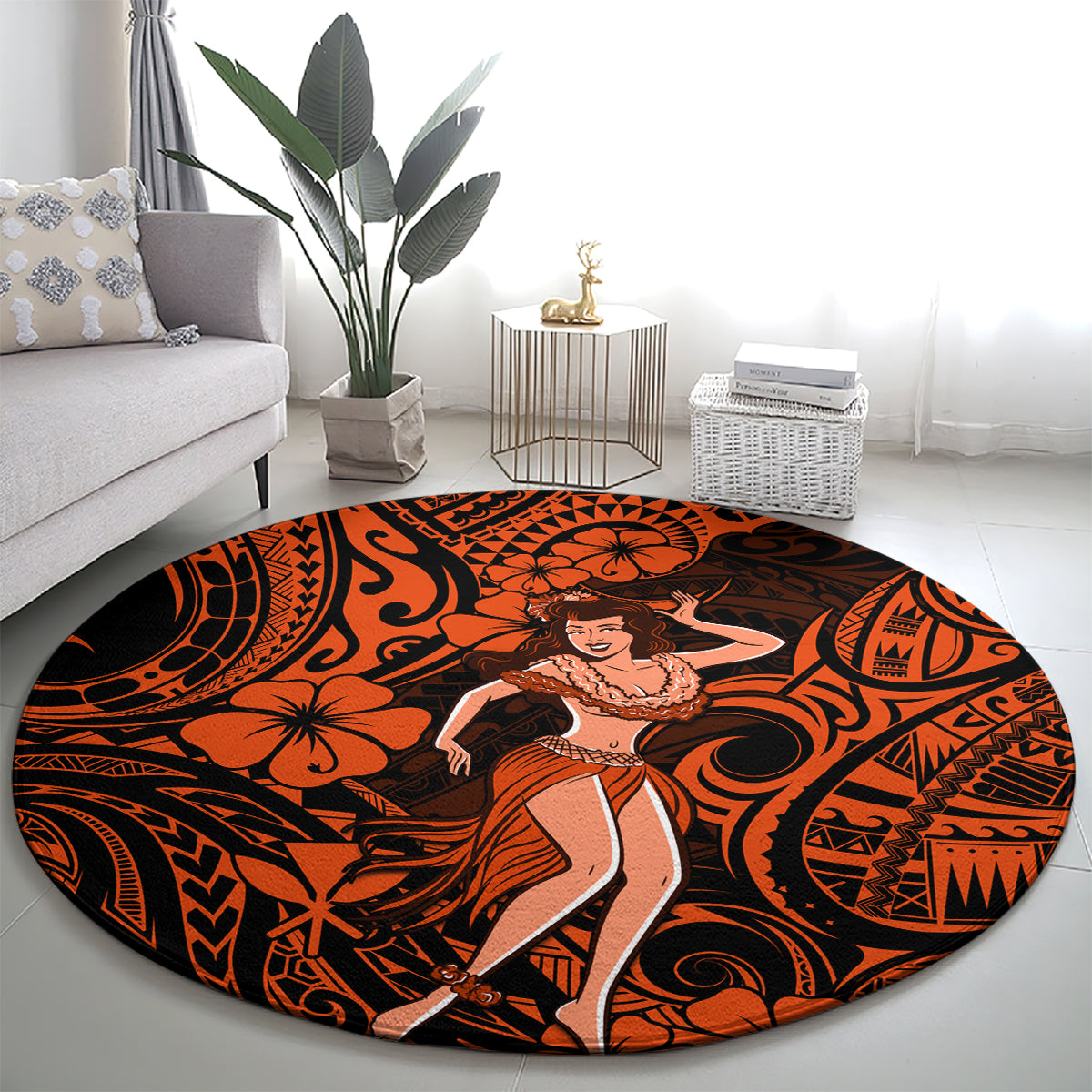 Round hula girl carpet with orange and black Polynesian pattern and full circular dancer design