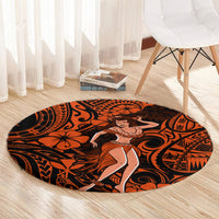 Round hula girl carpet in orange and black Polynesian pattern with central hula dancer illustration