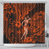 Orange Polynesian shower curtain with hula dancer and floral tribal swirls