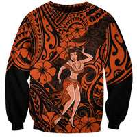 Orange unisex sweatshirt with hula girl graphic and Polynesian-style swirl pattern