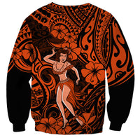 Orange and black unisex sweatshirt with hula girl center and ornate tribal motifs
