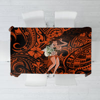 Orange and black Polynesian hula girl tablecloth with swirling tribal patterns