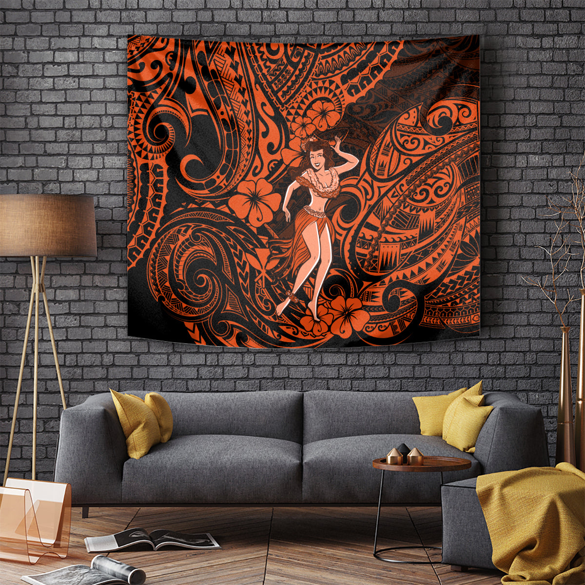 Orange and black Polynesian hula girl tapestry with swirling tribal pattern, wall-hanging