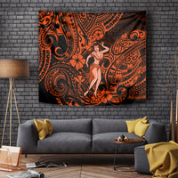 Orange and black Polynesian hula girl tapestry with swirling tribal pattern, wall-hanging