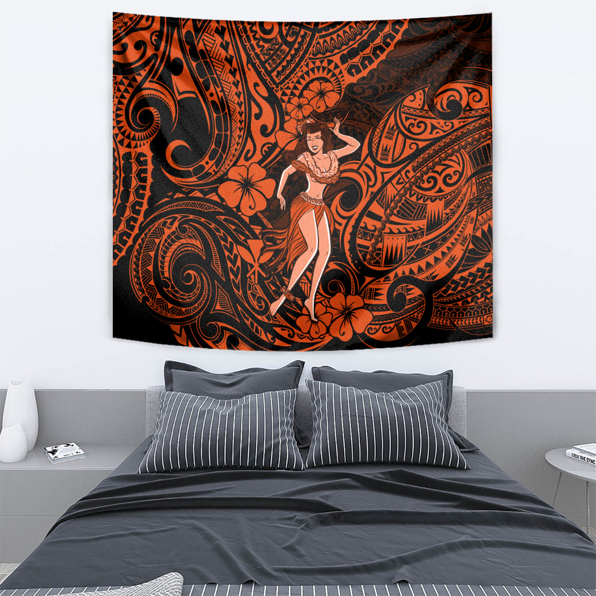 Orange and black hula girl wall tapestry with ornate tribal swirls and hibiscus flowers