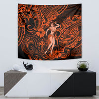 Orange and black Polynesian tapestry featuring a standing hula girl in center, tribal swirls