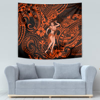 Orange and black Polynesian hula girl tapestry with curved tribal motifs and flowers