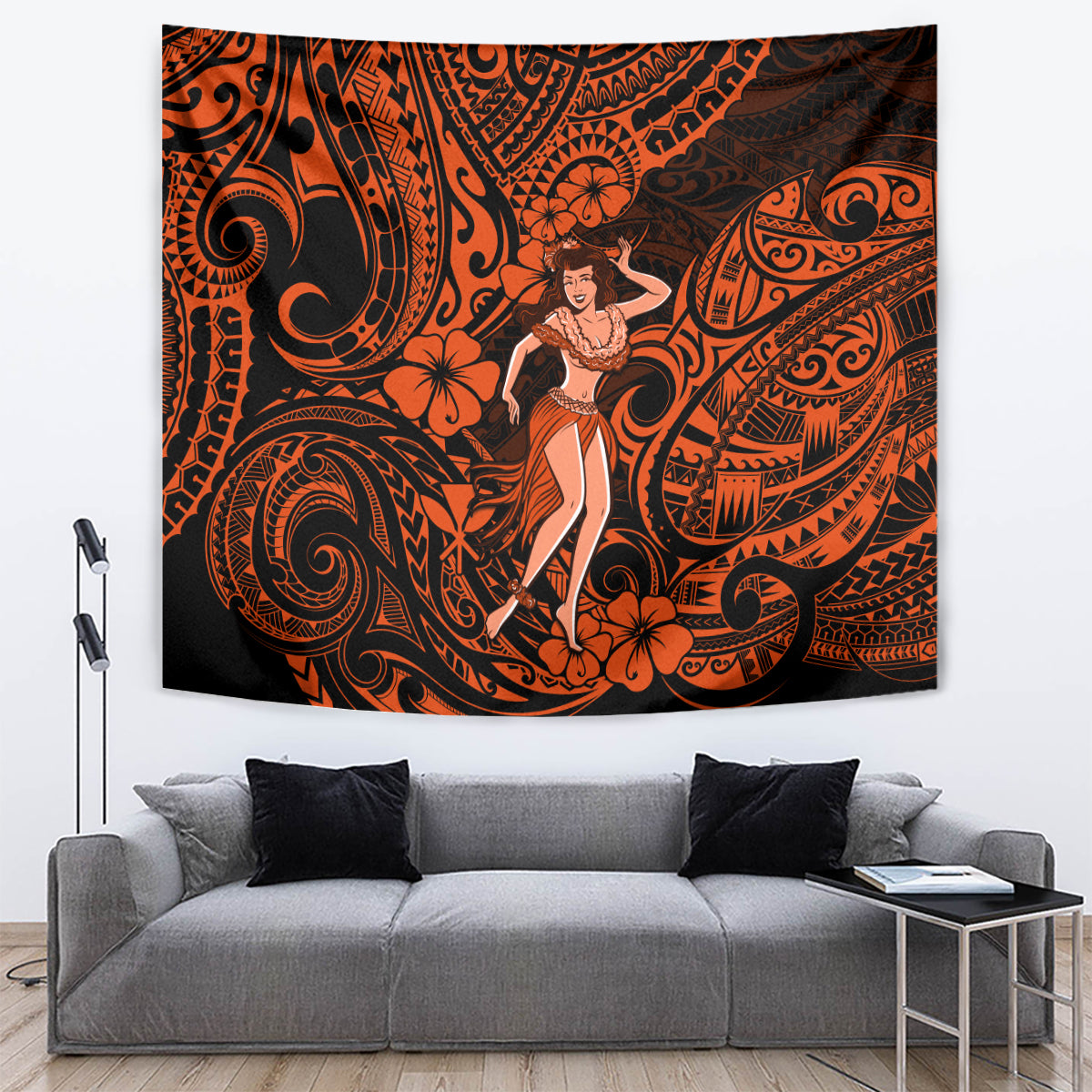 Orange and black tribal tapestry with a standing hula girl and hibiscus-like flowers, wall-hanging