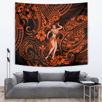 Orange and black tribal tapestry with a standing hula girl and hibiscus-like flowers, wall-hanging