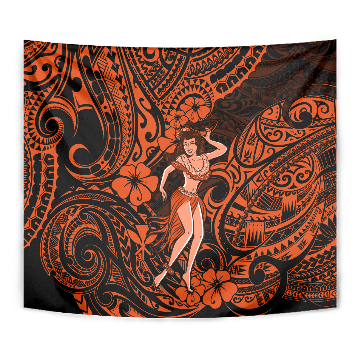Orange and black hula girl tapestry panel with ornate tribal swirls and flower accents