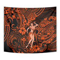 Orange and black hula girl tapestry panel with ornate tribal swirls and flower accents