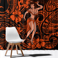 Orange and black hula girl patterned window curtain with large floral and spiral prints