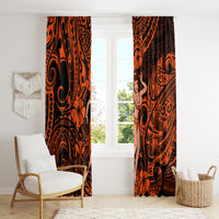 Orange and black tropical patterned window curtains featuring a hula girl figure