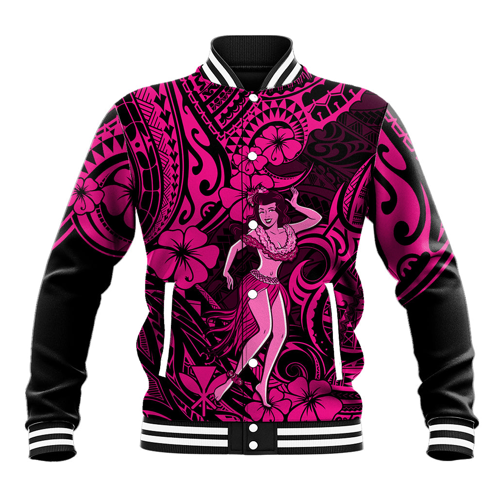Pink baseball jacket with Polynesian hula girl front graphic