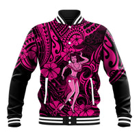 Pink baseball jacket with Polynesian hula girl front graphic