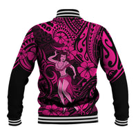 Pink baseball jacket with Polynesian hula girl back graphic and floral swirls