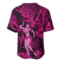 Pink-and-dark baseball jersey with back hula girl print and tropical floral swirls