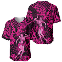 Pink-and-dark baseball jersey pair with hula girl prints and Polynesian floral pattern