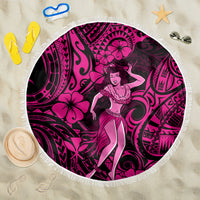 150cm round beach blanket with pink/black hula girl Polynesian pattern and white fringe