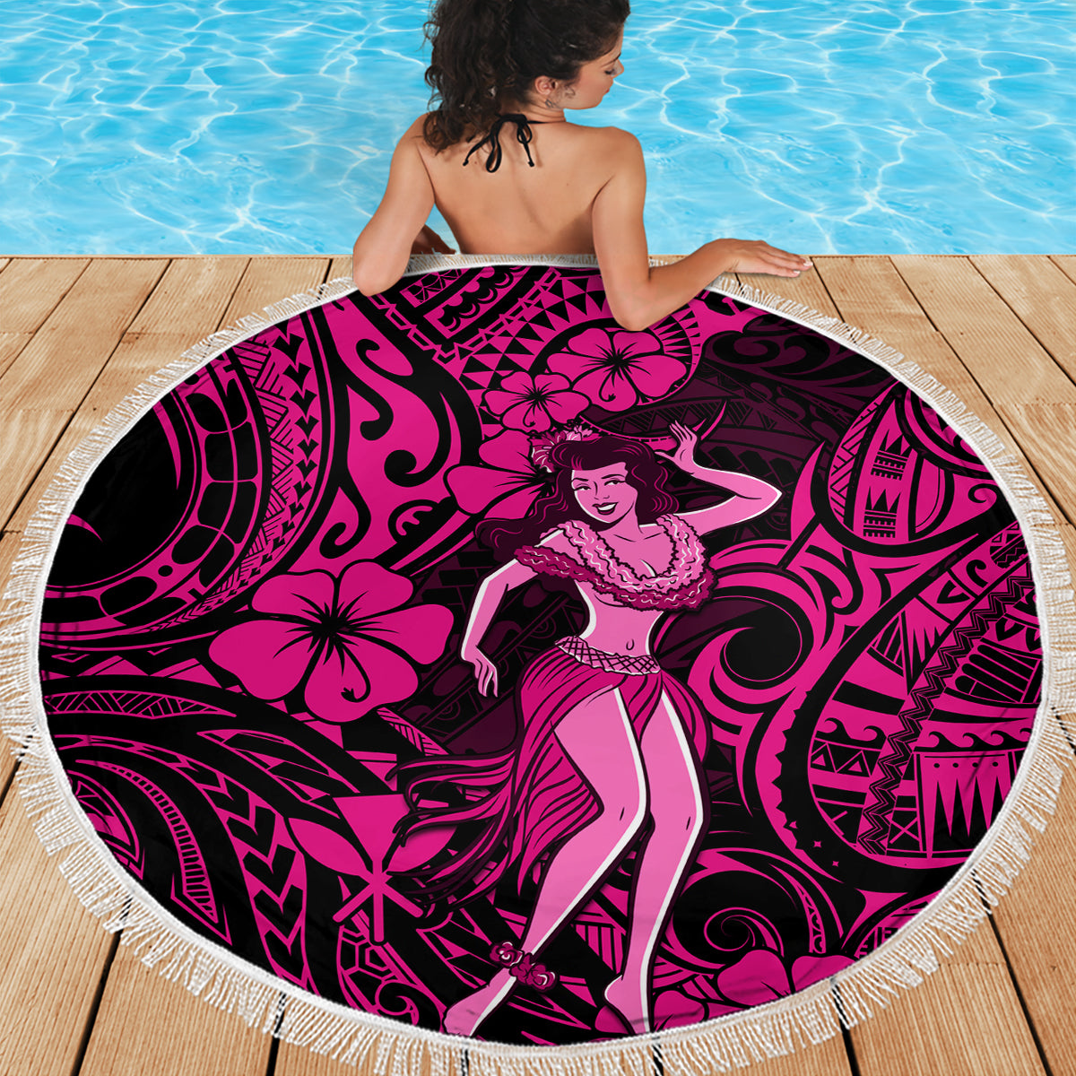 150cm round beach blanket with pink/black hula girl Polynesian pattern and white trim