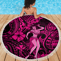 150cm round beach blanket with pink/black hula girl Polynesian pattern and white trim